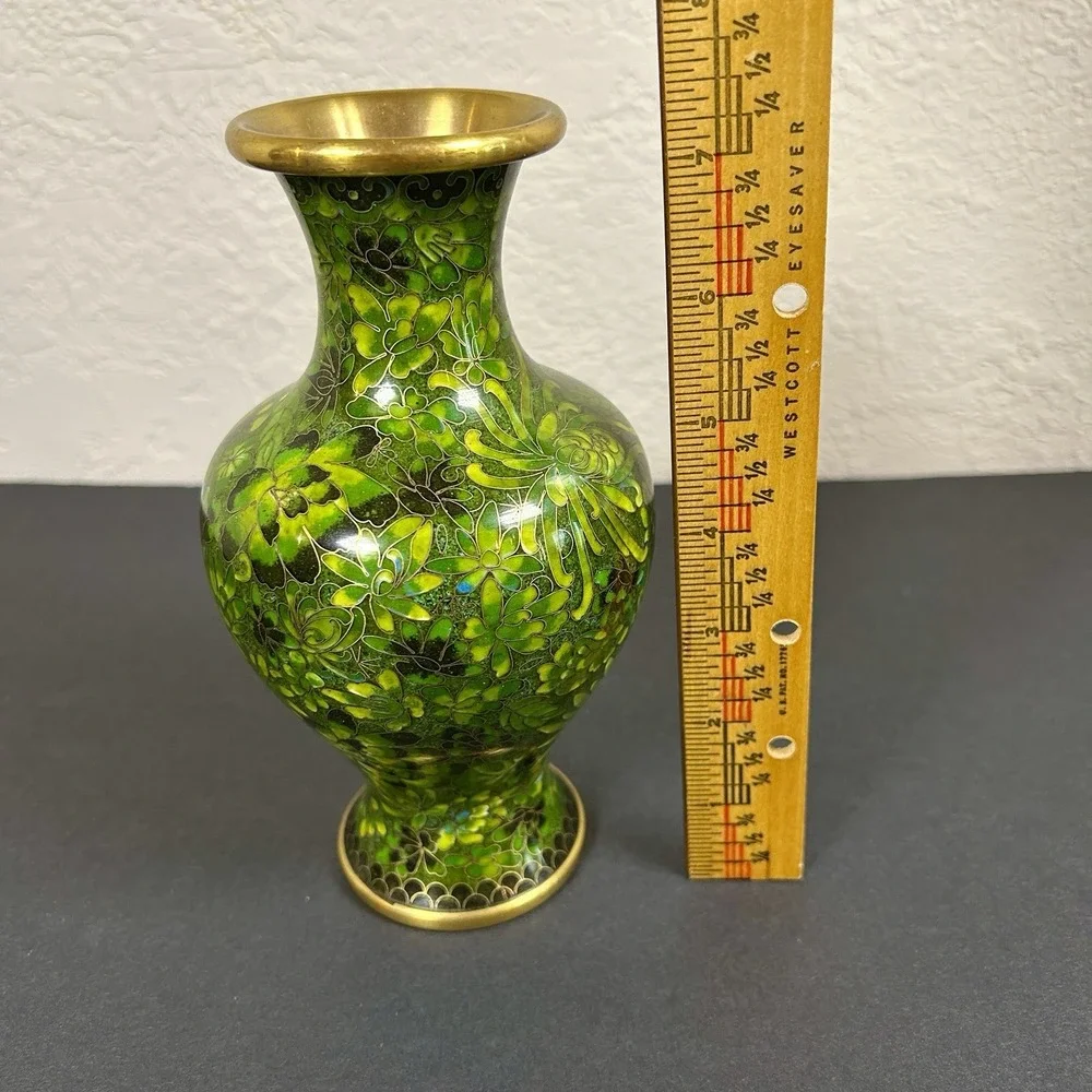 Vintage Chinese Cloisonné Emerald Green Floral Vase 7.5